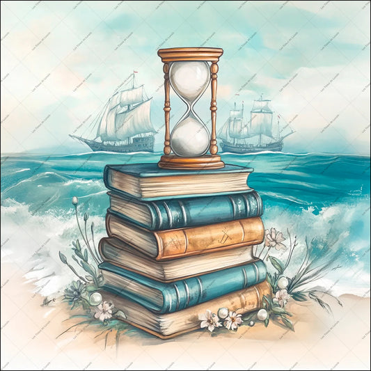 PANNEAU 537 Livres empilés, sablier et mer - 9 matières - 7 dimensions - au choix - Idéal pour vos Créations Couture !