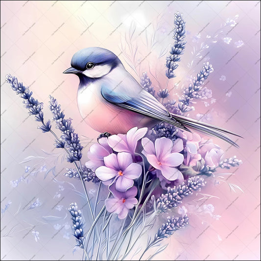 PANNEAU 539 oiseau pastel posé sur lavande - 9 matières - 7 dimensions - au choix - Idéal pour vos Créations Couture !