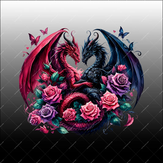 PANNEAU 548 Dragons enlacés parmi des roses - 9 matières - 7 dimensions - au choix - Idéal pour vos Créations Couture !