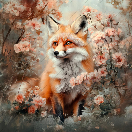 PANNEAU 549 Renard roux dans fleurs roses - 9 matières - 7 dimensions - au choix - Idéal pour vos Créations Couture !