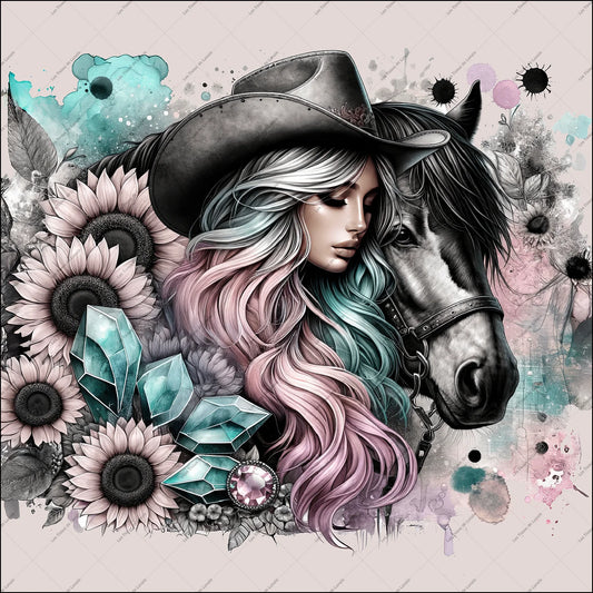PANNEAU 550 Cowgirl colorée avec cheval noir - 9 matières - 7 dimensions - au choix - Idéal pour vos Créations Couture !