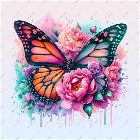 PANNEAU 551 Papillon orange sur fleurs pastel - 9 matières - 7 dimensions - au choix - Idéal pour vos Créations Couture !