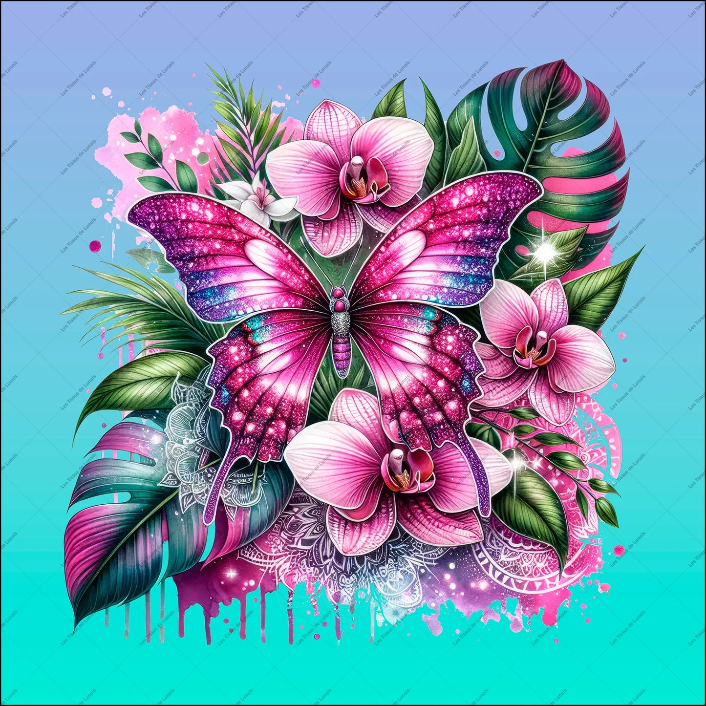 PANNEAU 553 Papillon rose scintillant et orchidées - 9 matières - 7 dimensions - au choix - Idéal pour vos Créations Couture !