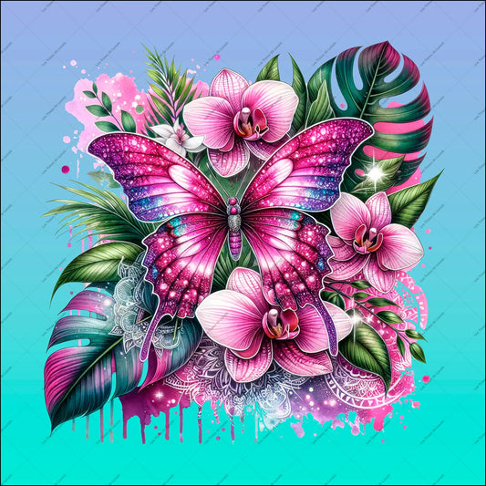 PANNEAU 553 Papillon rose scintillant et orchidées - 9 matières - 7 dimensions - au choix - Idéal pour vos Créations Couture !