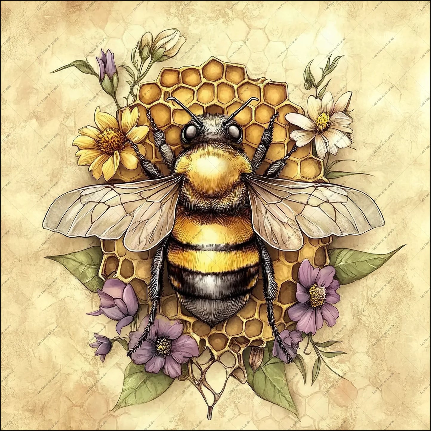 PANNEAU 554 Abeille réaliste sur alvéoles dorées - 9 matières - 7 dimensions - au choix - Idéal pour vos Créations Couture !