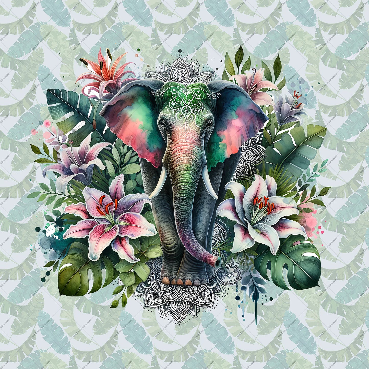 PANNEAU 556 Éléphant orné entouré de fleurs - 9 matières - 7 dimensions - au choix - Idéal pour vos Créations Couture !