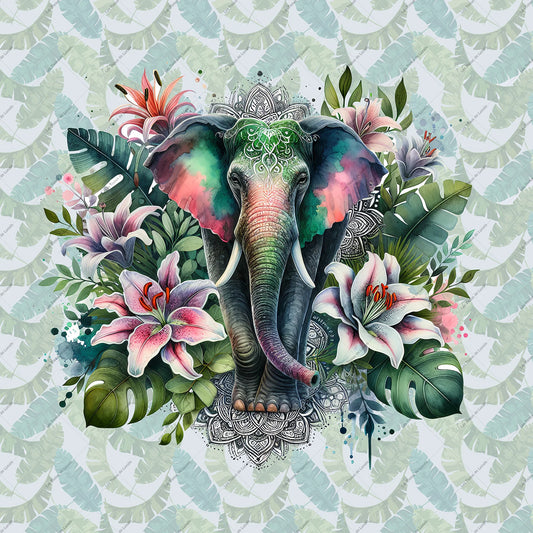 PANNEAU 556 Éléphant orné entouré de fleurs - 9 matières - 7 dimensions - au choix - Idéal pour vos Créations Couture !