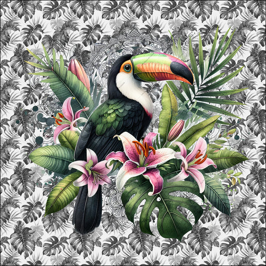 PANNEAU 557 Toucan tropical au milieu de lys - 9 matières - 7 dimensions - au choix - Idéal pour vos Créations Couture !