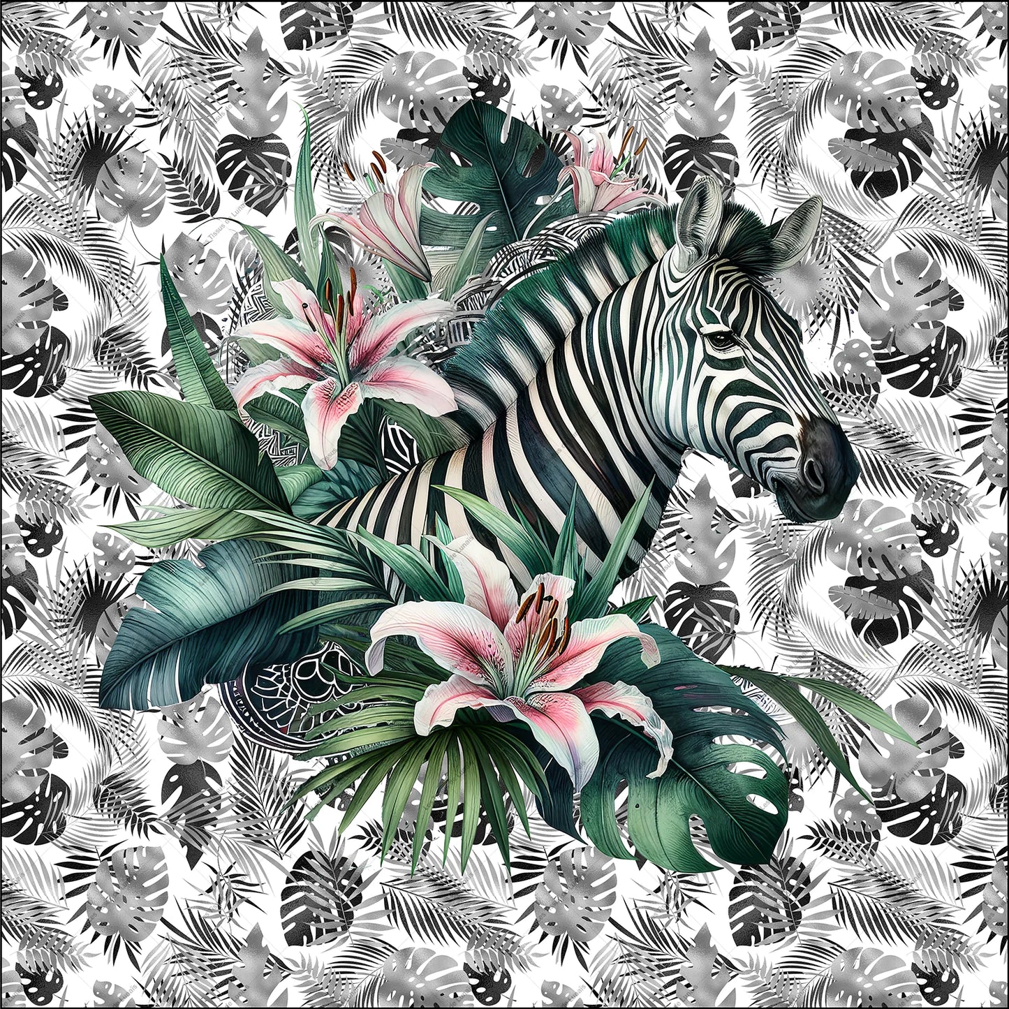 PANNEAU 558 Zèbre tropical entouré de feuillage - 9 matières - 7 dimensions - au choix - Idéal pour vos Créations Couture !