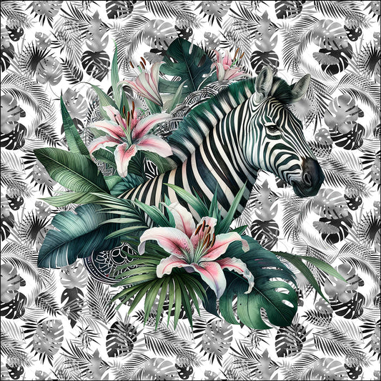 PANNEAU 558 Zèbre tropical entouré de feuillage - 9 matières - 7 dimensions - au choix - Idéal pour vos Créations Couture !