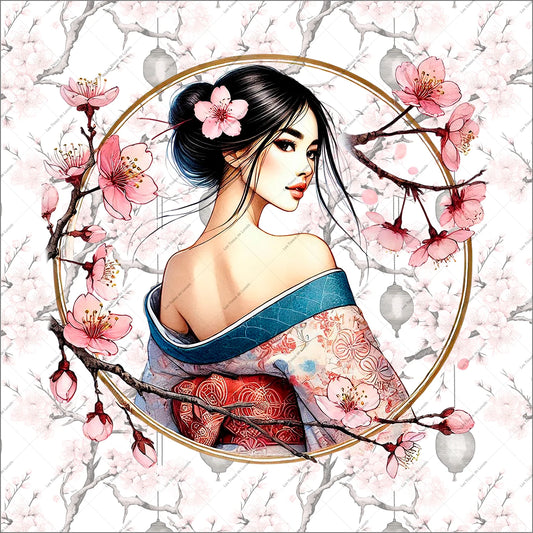 PANNEAU 559 Femme asiatique avec fleurs de cerisier - 9 matières - 7 dimensions - au choix - Idéal pour vos Créations Couture !