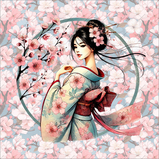 PANNEAU 560 Femme en kimono fleuri japonais - 9 matières - 7 dimensions - au choix - Idéal pour vos Créations Couture !