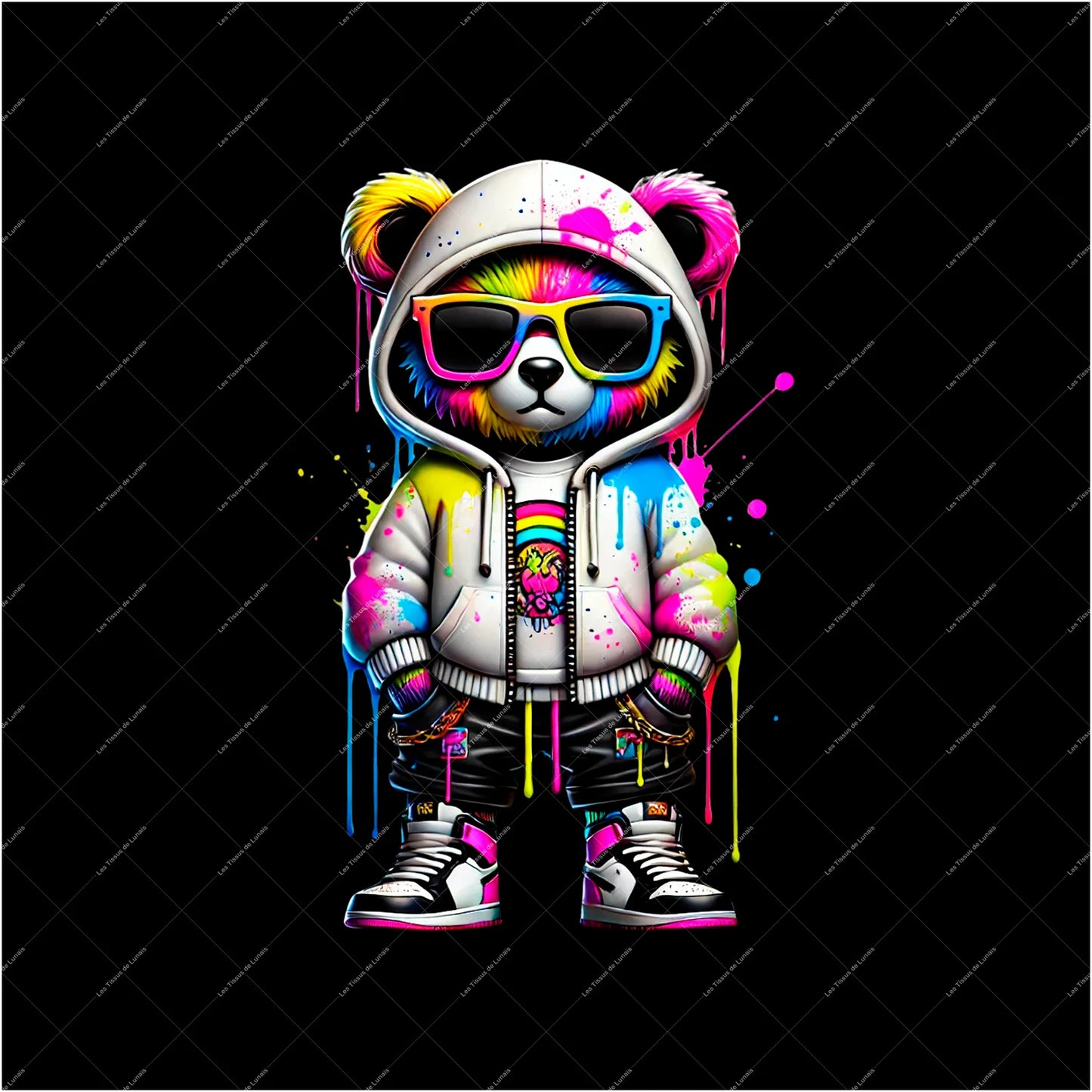 PANNEAU 562 Ours urbain multicolore streetwear - 9 matières - 7 dimensions - au choix - Idéal pour vos Créations Couture !