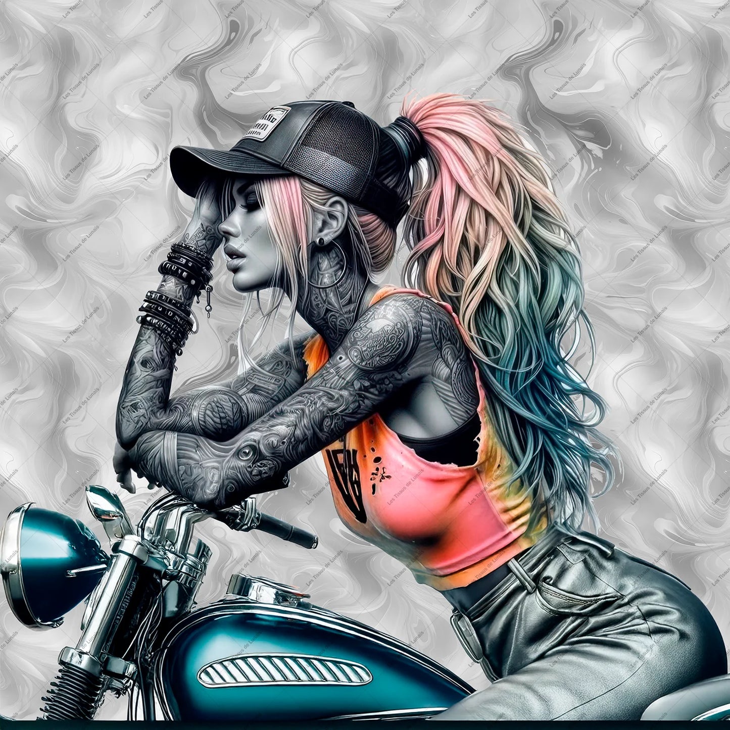 PANNEAU 564 Biker tatouée cheveux arc-en-ciel - 9 matières - 7 dimensions - au choix - Idéal pour vos Créations Couture !