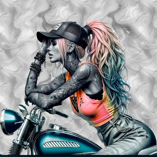 PANNEAU 564 Biker tatouée cheveux arc-en-ciel - 9 matières - 7 dimensions - au choix - Idéal pour vos Créations Couture !