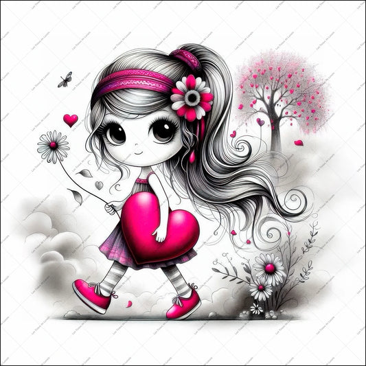 PANNEAU 566 Fillette mignonne cœur rose vif - 9 matières - 7 dimensions - au choix - Idéal pour vos Créations Couture !