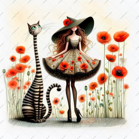 PANNEAU 571 Fille coquelicots et chat rayé - 9 matières - 7 dimensions - au choix - Idéal pour vos Créations Couture !
