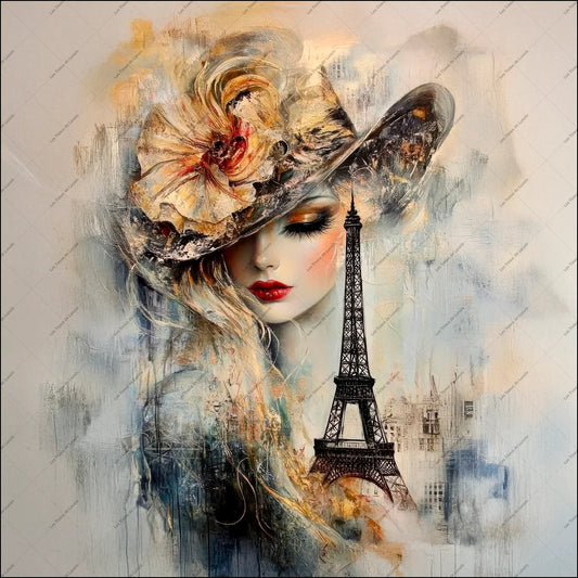 PANNEAU 573 Femme chapeau Paris artistique - 9 matières - 7 dimensions - au choix - Idéal pour vos Créations Couture !