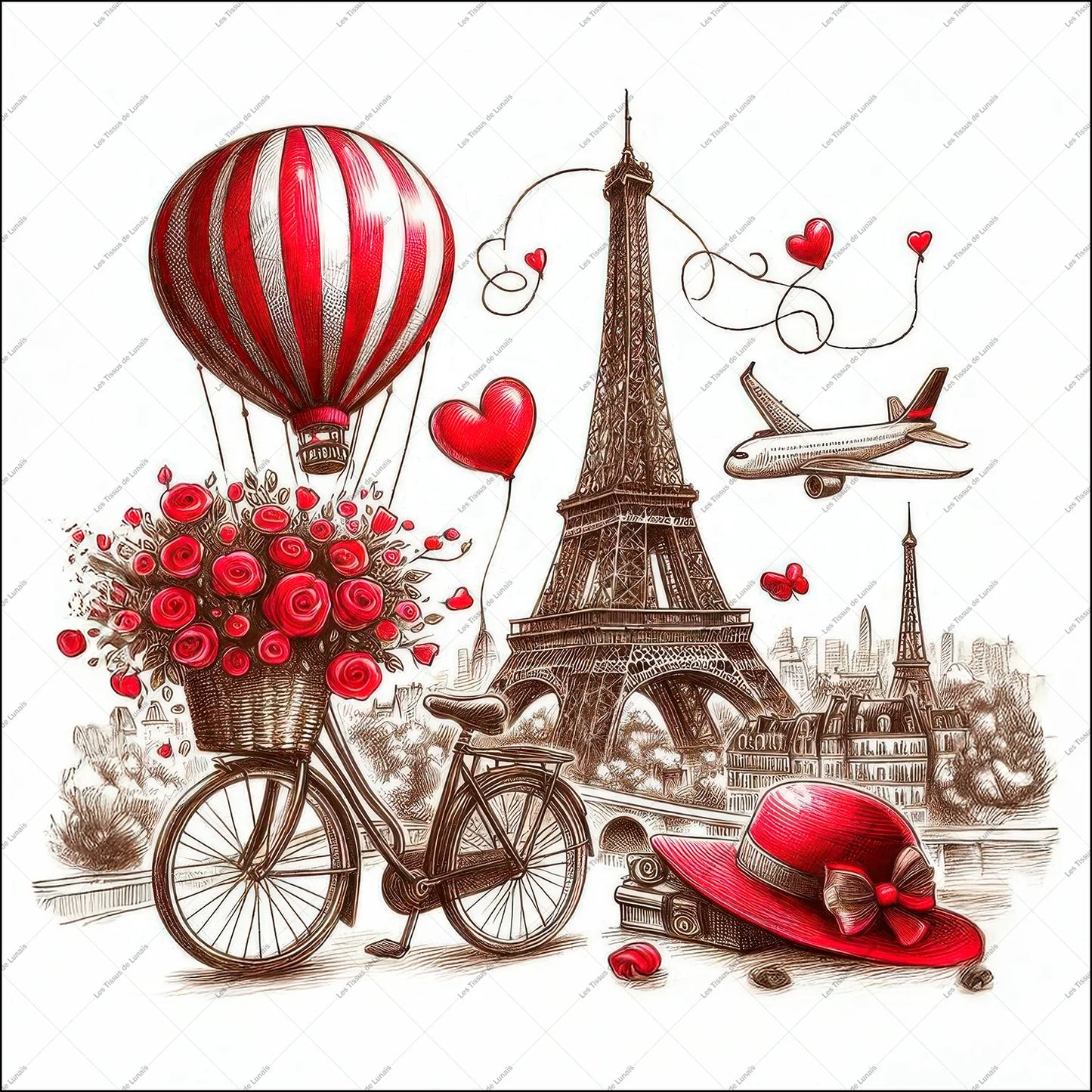 PANNEAU 574 Paris romantique montgolfière rouge - 9 matières - 7 dimensions - au choix - Idéal pour vos Créations Couture !