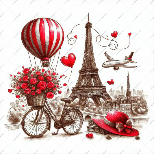 PANNEAU 574 Paris romantique montgolfière rouge - 9 matières - 7 dimensions - au choix - Idéal pour vos Créations Couture !