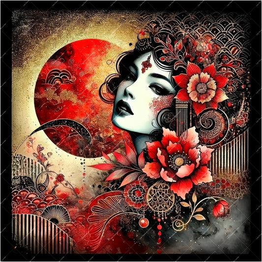 PANNEAU 575 Femme orientale art floral rouge - 9 matières - 7 dimensions - au choix - Idéal pour vos Créations Couture !