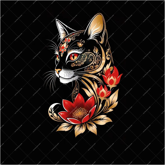 PANNEAU 576 Chat noir doré floral rouge - 9 matières - 7 dimensions - au choix - Idéal pour vos Créations Couture !
