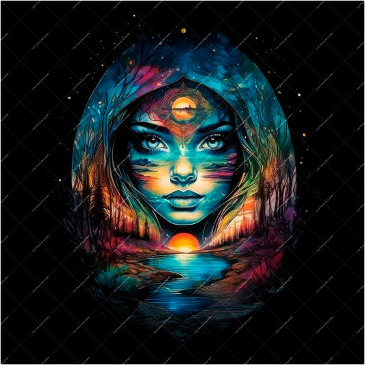 PANNEAU 578 Femme cosmos visage paysage lumineux - 9 matières - 7 dimensions - au choix - Idéal pour vos Créations Couture !