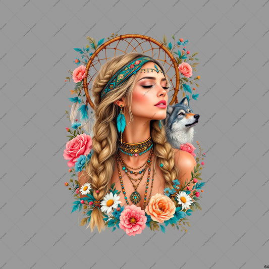 PANNEAU 64 femme boho vintage animal loup fleurs - 9 matières - 7 dimensions - au choix - Idéal pour vos Créations Couture !