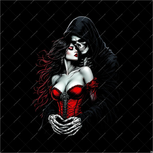 PANNEAU 75 femme squelette gothique noir rouge - 9 matières - 7 dimensions - au choix - Idéal pour vos Créations Couture !
