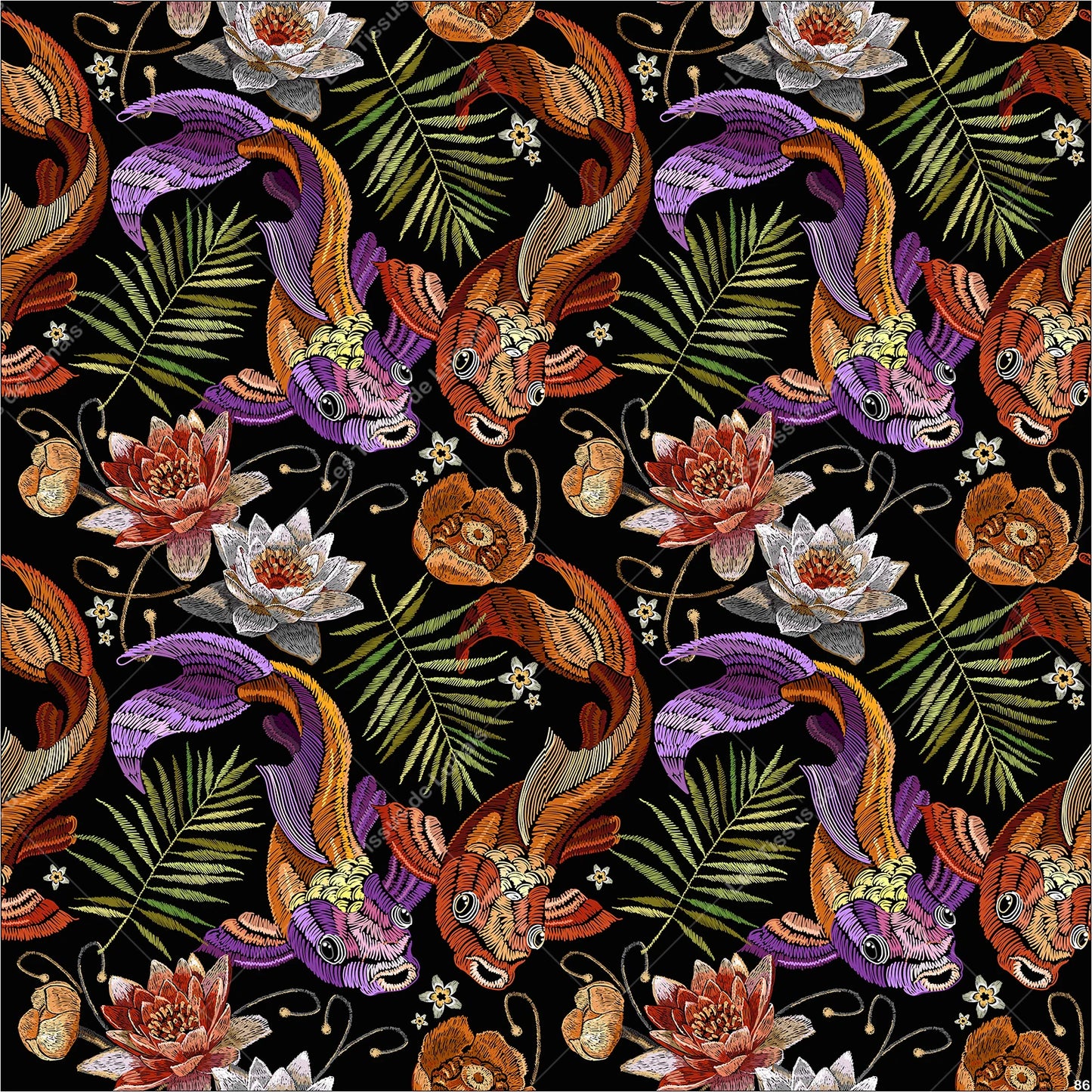 PANNEAU 86 fleurs poisson koï - 9 matières - 7 dimensions - au choix - Idéal pour vos Créations Couture !
