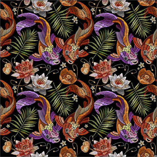 PANNEAU 86 fleurs poisson koï - 9 matières - 7 dimensions - au choix - Idéal pour vos Créations Couture !