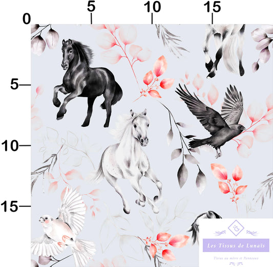 Tissu au mètre 24 chevaux equitation - Disponible en 9 matières - Vendu par multiple de 50 cm