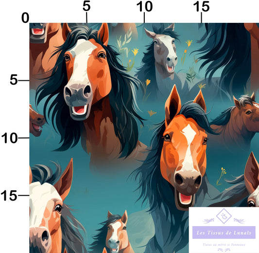 Tissu au mètre 26 chevaux equitation - Disponible en 9 matières - Vendu par multiple de 50 cm
