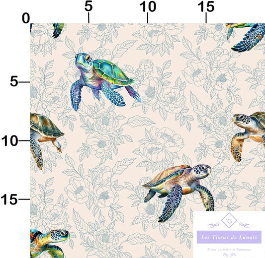 Tissu au mètre 277 tortues - Disponible en 9 matières - Vendu par multiple de 50 cm