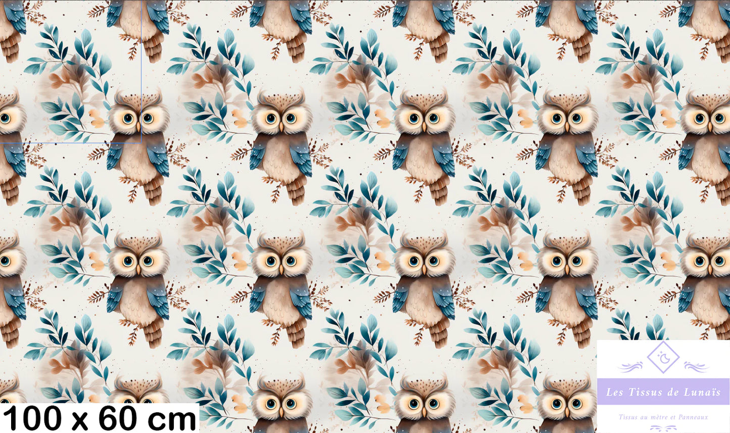Tissu au mètre 32 chouette hibou - Disponible en 9 matières - Vendu par multiple de 50 cm