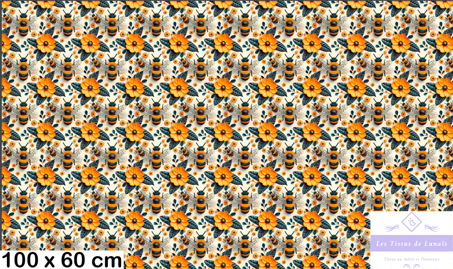 Tissu au mètre 437 3d fleur abeille insecte - Disponible en 9 matières - Vendu par multiple de 50 cm
