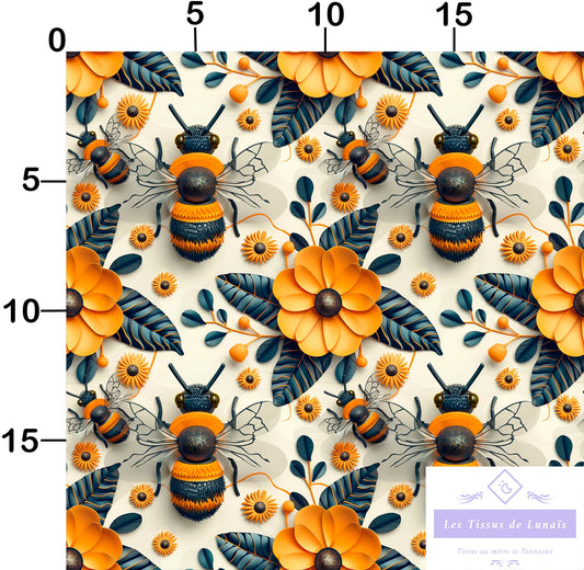 Tissu au mètre 437 3d fleur abeille insecte - Disponible en 9 matières - Vendu par multiple de 50 cm