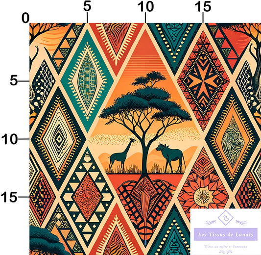 Tissu 489 au mètre ethnique – Motif africain – Style wax
Paysage savane – Arbres acacias – Silhouettes d’animaux - Disponible en 9 matières - Vendu par multiple de 50 cm