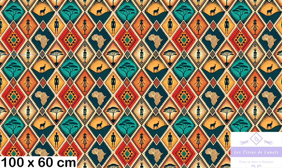 Tissu 490 au mètre ethnique – Motif africain – Style wax
🌅 Paysage savane – Arbres acacias – Silhouettes d’animaux - Disponible en 9 matières - Vendu par multiple de 50 cm