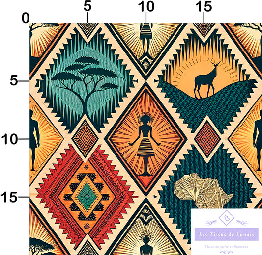 Tissu 490 au mètre ethnique – Motif africain – Style wax
🌅 Paysage savane – Arbres acacias – Silhouettes d’animaux - Disponible en 9 matières - Vendu par multiple de 50 cm