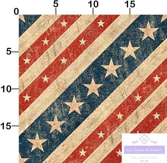 Tissu 491 au mètre USA – Motif drapeau américain – Étoiles et rayures
🎨 Style vintage – Effet usé / vieilli – Couleurs rouge, bleu, beige - Disponible en 9 matières - Vendu par multiple de 50 cm