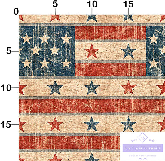 Tissu 492 au mètre USA – Motif drapeau américain – Étoiles et rayures
🎨 Style vintage – Effet usé / vieilli – Couleurs rouge, bleu, beige - Disponible en 9 matières - Vendu par multiple de 50 cm