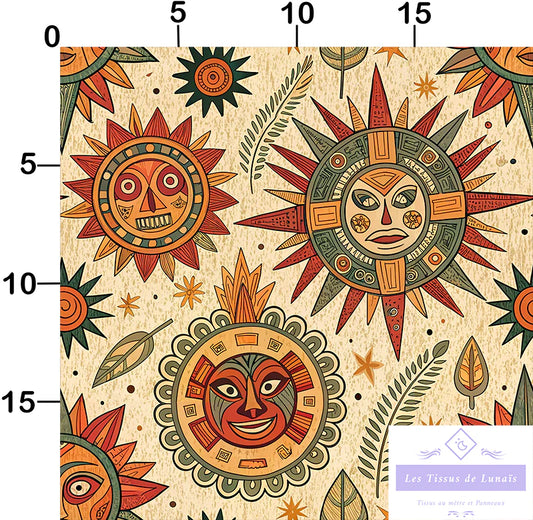 Tissu 493 au mètre soleil aztèque – Motif ethnique et tribal – Style bohème & mystique
🎨 Couleurs chaudes – Tons ocre, rouge, vert, beige – Effet vintage - Disponible en 9 matières - Vendu par multiple de 50 cm