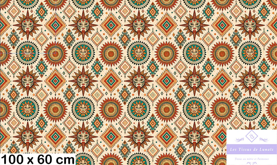 Tissu 494 au mètre soleil aztèque – Motif ethnique et tribal – Style bohème & mystique
🎨 Couleurs chaudes – Tons ocre, rouge, vert, beige – Effet vintage - Disponible en 9 matières - Vendu par multiple de 50 cm