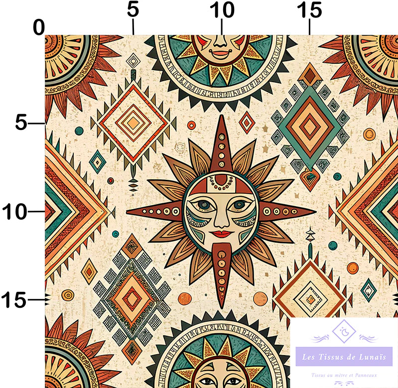Tissu 494 au mètre soleil aztèque – Motif ethnique et tribal – Style bohème & mystique
🎨 Couleurs chaudes – Tons ocre, rouge, vert, beige – Effet vintage - Disponible en 9 matières - Vendu par multiple de 50 cm