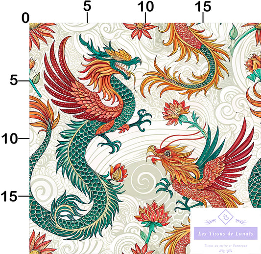 Tissu 495 au mètre dragon asiatique – Motif mythologique – Style oriental et traditionnel
🎨 Couleurs vibrantes – Rouge, vert, or, beige – Fond à motifs tourbillonnants - Disponible en 9 matières - Vendu par multiple de 50 cm