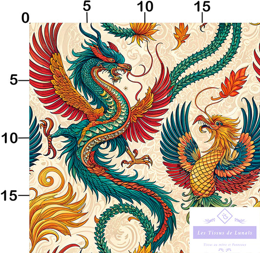 Tissu 496 au mètre dragon asiatique – Motif mythologique – Style oriental et traditionnel
🎨 Couleurs vibrantes – Rouge, vert, or, beige – Fond à motifs tourbillonnants - Disponible en 9 matières - Vendu par multiple de 50 cm