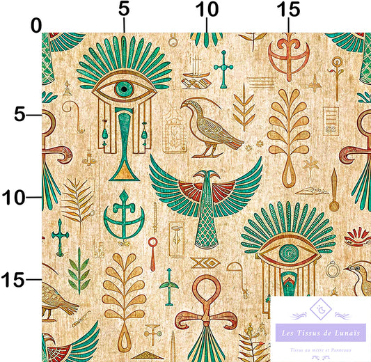 Tissu 497 au mètre Égypte antique – Motifs hiéroglyphes, œil d'Horus, ankh, faucons
🎨 Couleurs dorées et vertes – Fond beige effet parchemin – Style historique et mystique - Disponible en 9 matières - Vendu par multiple de 50 cm