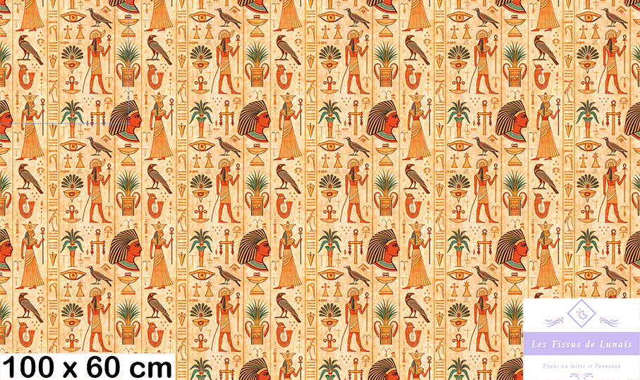 Tissu 498 au mètre Égypte antique – Motifs hiéroglyphes, œil d'Horus, ankh, faucons
🎨 Couleurs dorées et vertes – Fond beige effet parchemin – Style historique et mystique - Disponible en 9 matières - Vendu par multiple de 50 cm