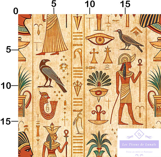 Tissu 498 au mètre Égypte antique – Motifs hiéroglyphes, œil d'Horus, ankh, faucons
🎨 Couleurs dorées et vertes – Fond beige effet parchemin – Style historique et mystique - Disponible en 9 matières - Vendu par multiple de 50 cm